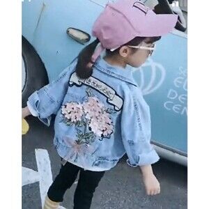 Girl's denim jacket floral embroidered jean coat spring fall outwear size 4-5Y